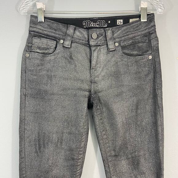 Miss Me Mid Rise Ankle Skinny Metallic Grey Jeans - Picture 2 of 8